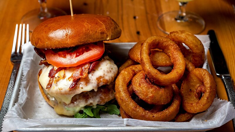 Double bacon cheese burger with side of onion rings